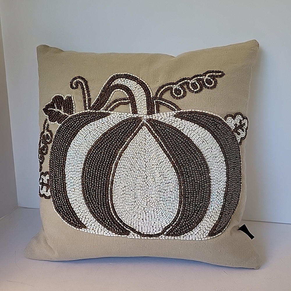 Newport Tan & White Beaded Fall Pumpkin Accent Pillow 12x12